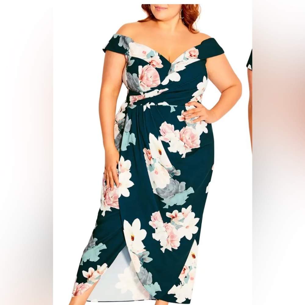 Emerald floral off shoulder maxi dress. Wedding guest dress originally $169